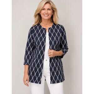 Talbots Women’s Size 12 Navy White Cotton Stretch Open Front Jacket 3/4 Sleeve
